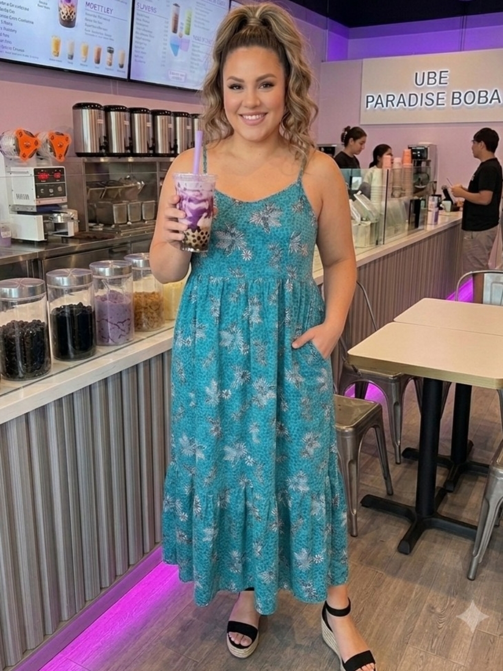 Lane Bryant Teal Floral Tiered Maxi Dress with Pockets